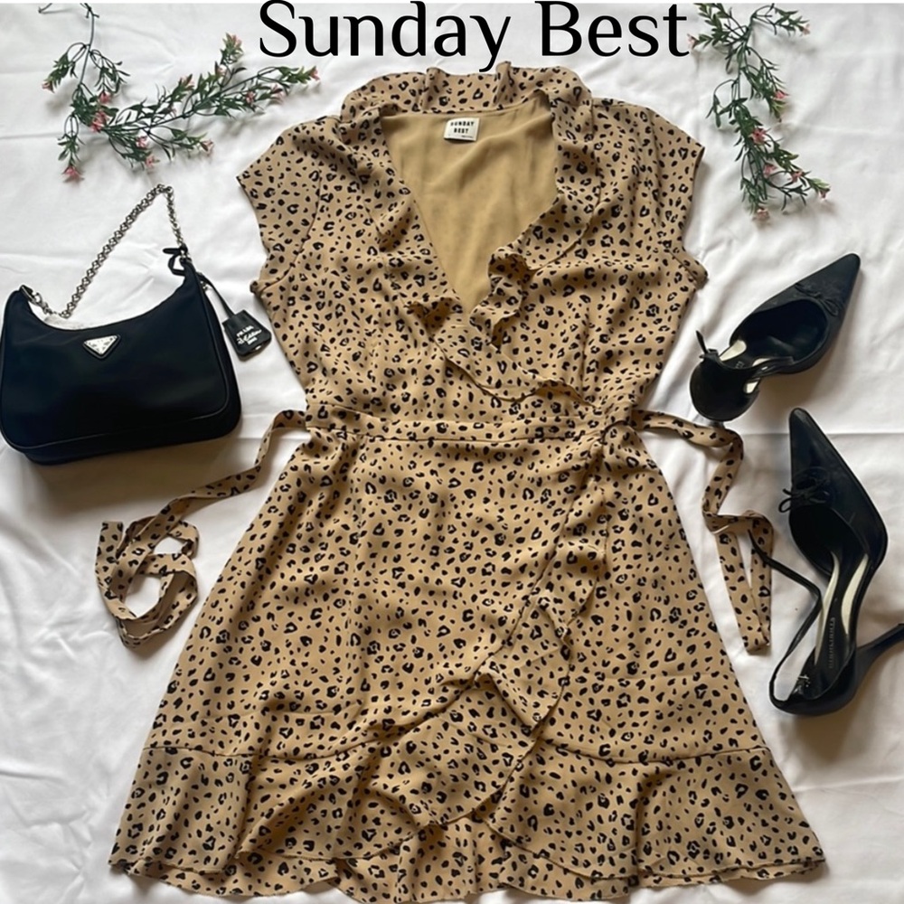 Sunday Best Aritzia Leopard Print V Neck Wrap Mini Dress Ruffled Lined Size 2